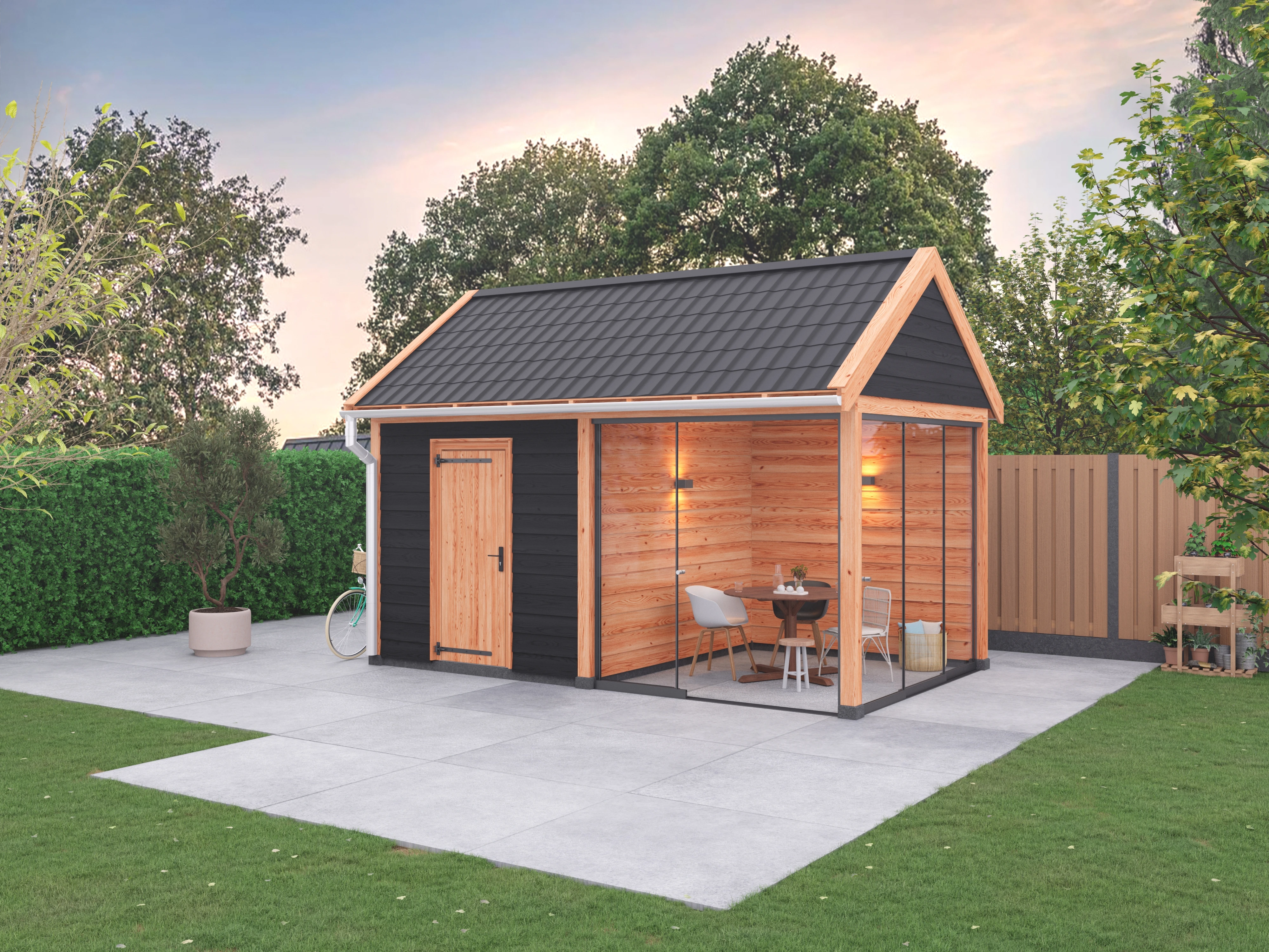 Douglas overkapping zadeldak, 500 x 300, met schuur en achterwand, Westwood Comfort - Afbeelding 3